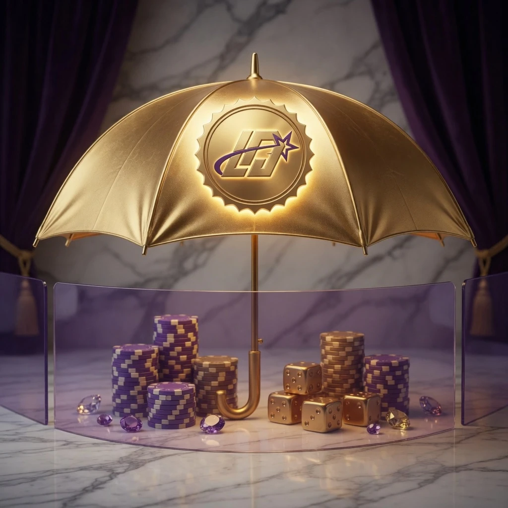 Lodibet hero banner featuring eagle brand emblem with dynamic casino environment, slot reels, card table, and golden light effects on a deep blue background