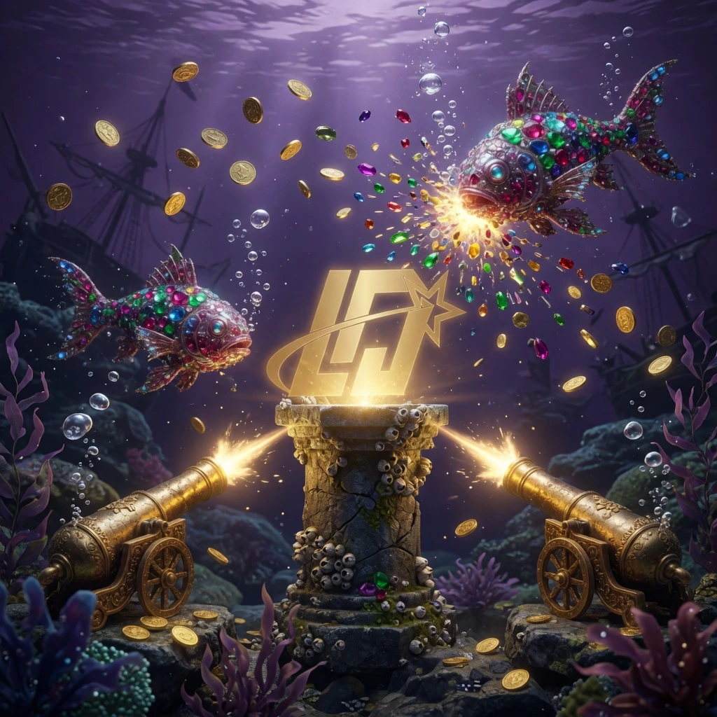 Colorful underwater fish game scene showing a player's cannon shooting at golden and rare fish with multiplier values, treasure chests, and vibrant coral reef background